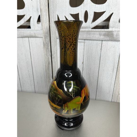 VINTAGE Chinese Lacquer Wooden Vase HAND PAINTED Elephants DECOR - Picture 2 of 7